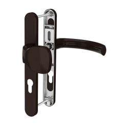 Maner usa termopan, Jowisz, exterior, 85 x 32 mm, buton fix, cu arc, material aluminiu, culoare maro RAL8077