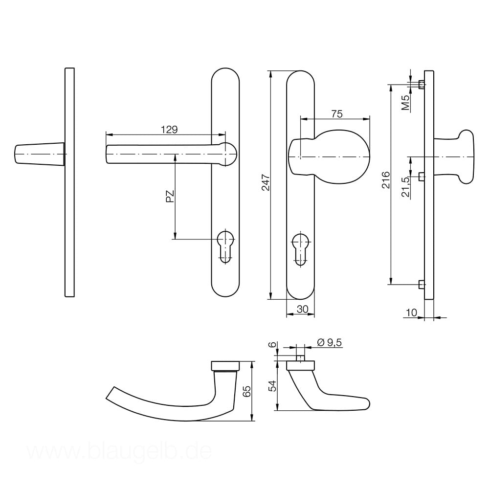 Maner usa termopan, blaugelb KGT30, exterior, 92 x 30 mm, cu buton fix, material inox mat, fara accesorii de prindere