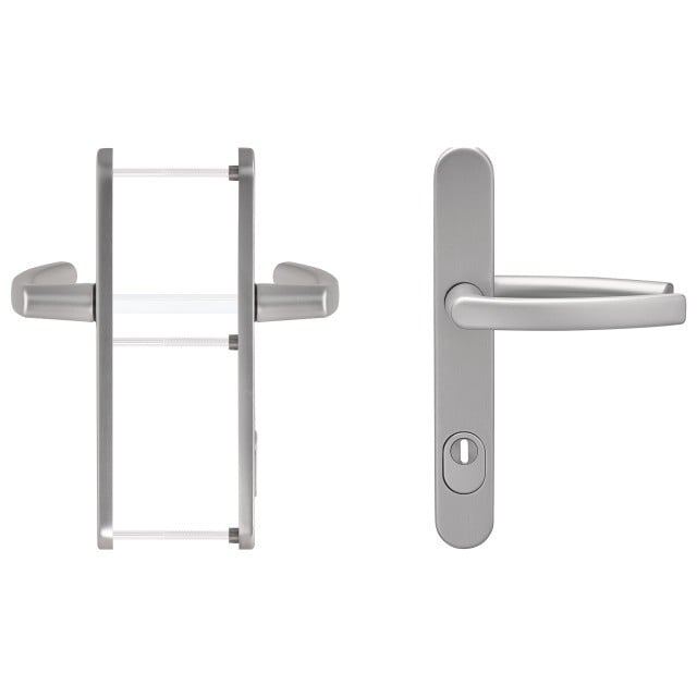Maner usa termopan, blaugelb DGT35, exterior, 92 x 35 mm cu scut pentru cilindru, material inox mat, fara accesorii de prindere