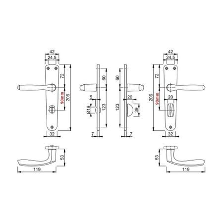 Maner usa interior, Hoppe Milano, cu sild pentru WC, material aluminiu, culoare argintiu, 90 x 32 mm