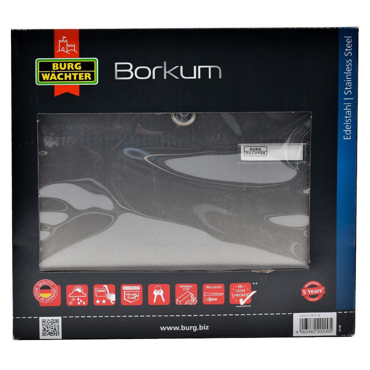 Cutie postala Premium BURG-WACHTER model Borkum 3877 din inox cu incuiere 2 chei, culoare inox 322 x 362 x 100 mm
