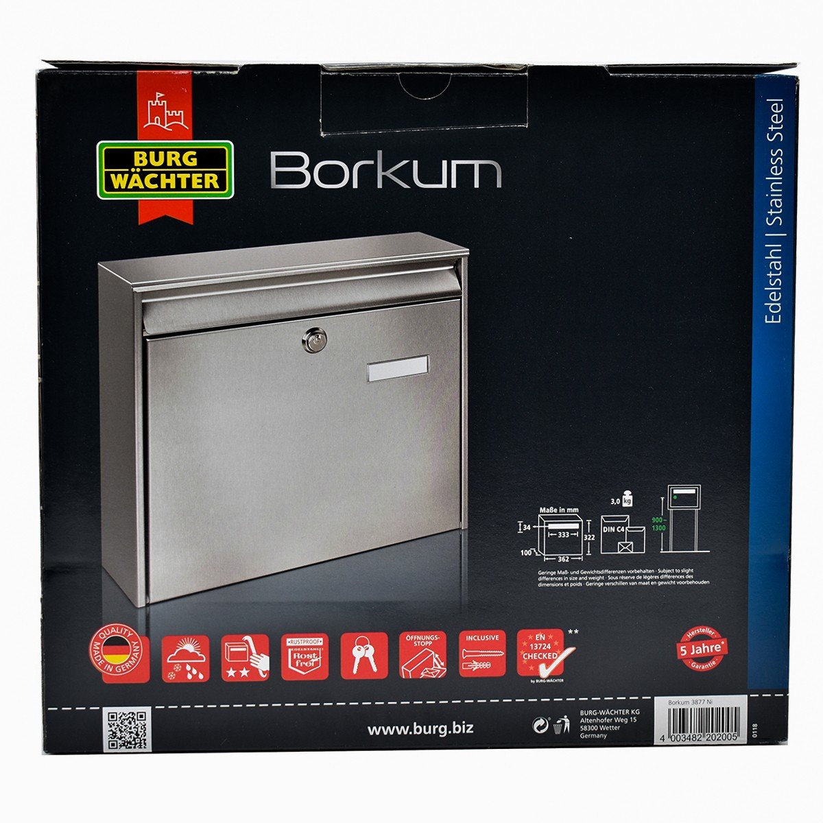 Cutie postala Premium BURG-WACHTER model Borkum 3877 din inox cu incuiere 2 chei, culoare inox 322 x 362 x 100 mm