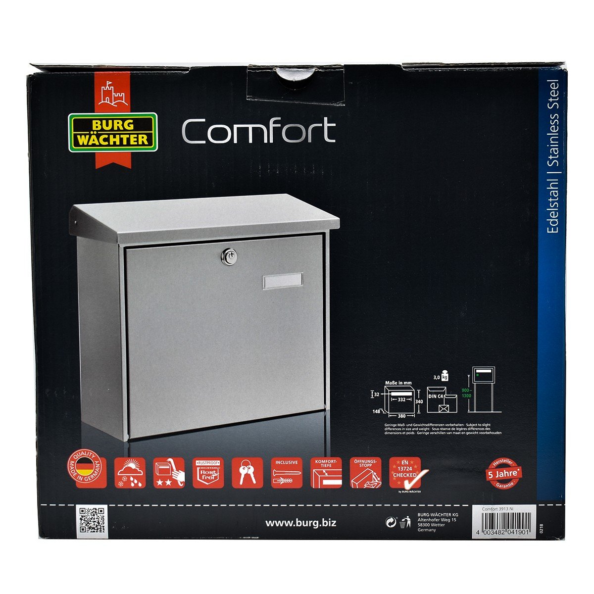 Cutie postala Premium BURG-WACHTER model Comfort 3913 din inox cu incuiere 2 chei culoare inox 380 x 340 x 148 mm