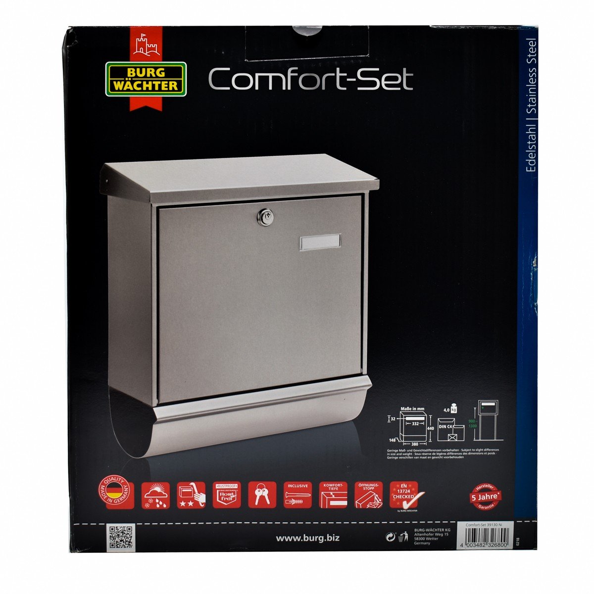 Cutie postala Premium BURG-WACHTER model Comfort-Set 32130 din inox cu incuiere 2 chei culoare inox 380 x 440 x 148 mm