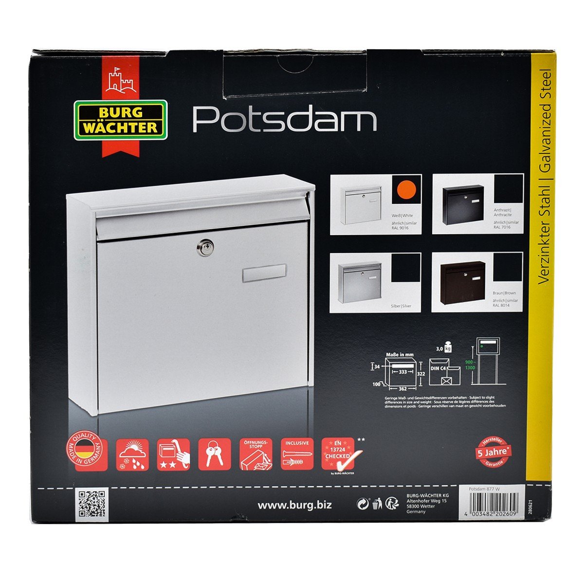 Cutie postala Premium BURG-WACHTER model Potsdam 877 din otel galvanizat cu incuiere 2 chei culoare alb 322 x 362 x 100 mm