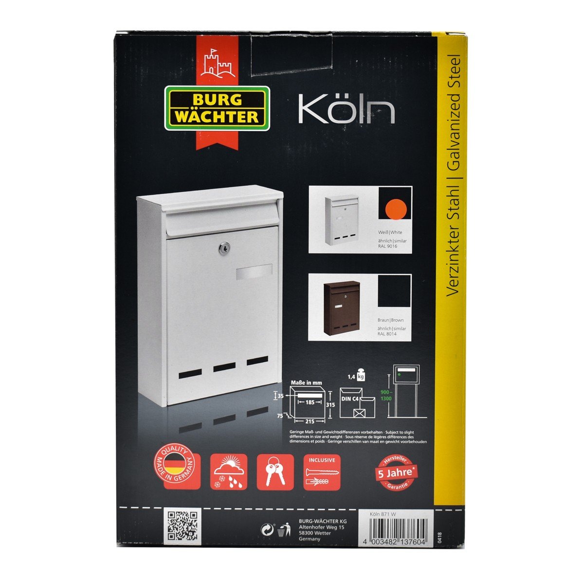 Cutie postala Premium BURG-WACHTER model Koln 871 din otel galvanizat cu incuiere 2 chei culoare alb 315 x 215 x 75 mm