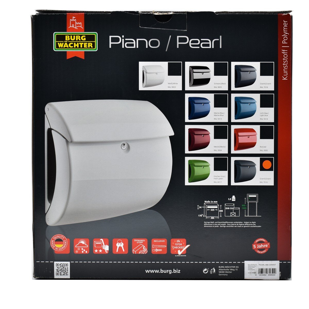 Cutie postala Premium BURG-WACHTER model Pearl 886 din plastic cu incuiere 2 chei culoare granit mat 400 x 380 x 178 mm
