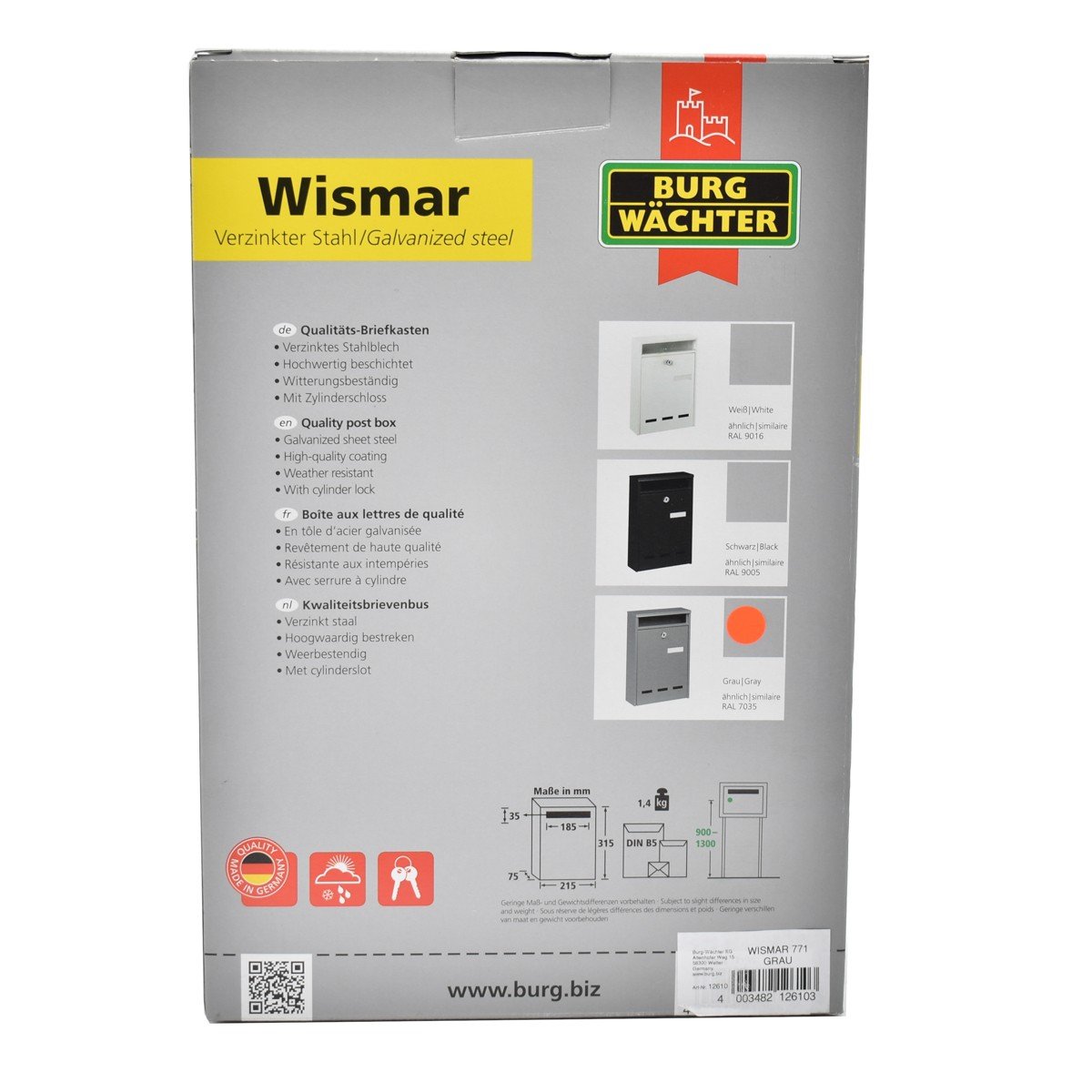 Cutie postala Premium BURG-WACHTER model Wismar 771 din otel galvanizat cu incuiere 2 chei culoare gri 315 x 215 x 75 mm