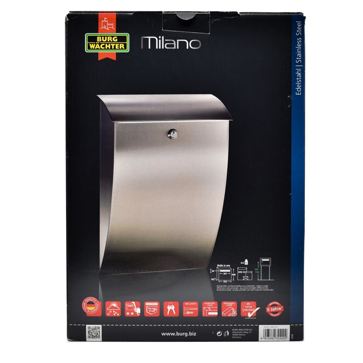 Cutie postala Premium BURG-WACHTER model Milano 3843 din inox cu incuiere 2 chei culoare inox 488 x 352 x 182 mm