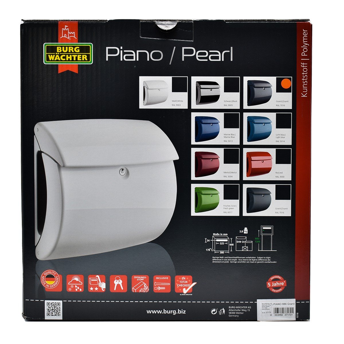Cutie postala Premium BURG-WACHTER model Piano 886 din plastic cu incuiere 2 chei culoare granit lucios 400 x 380 x 178 mm