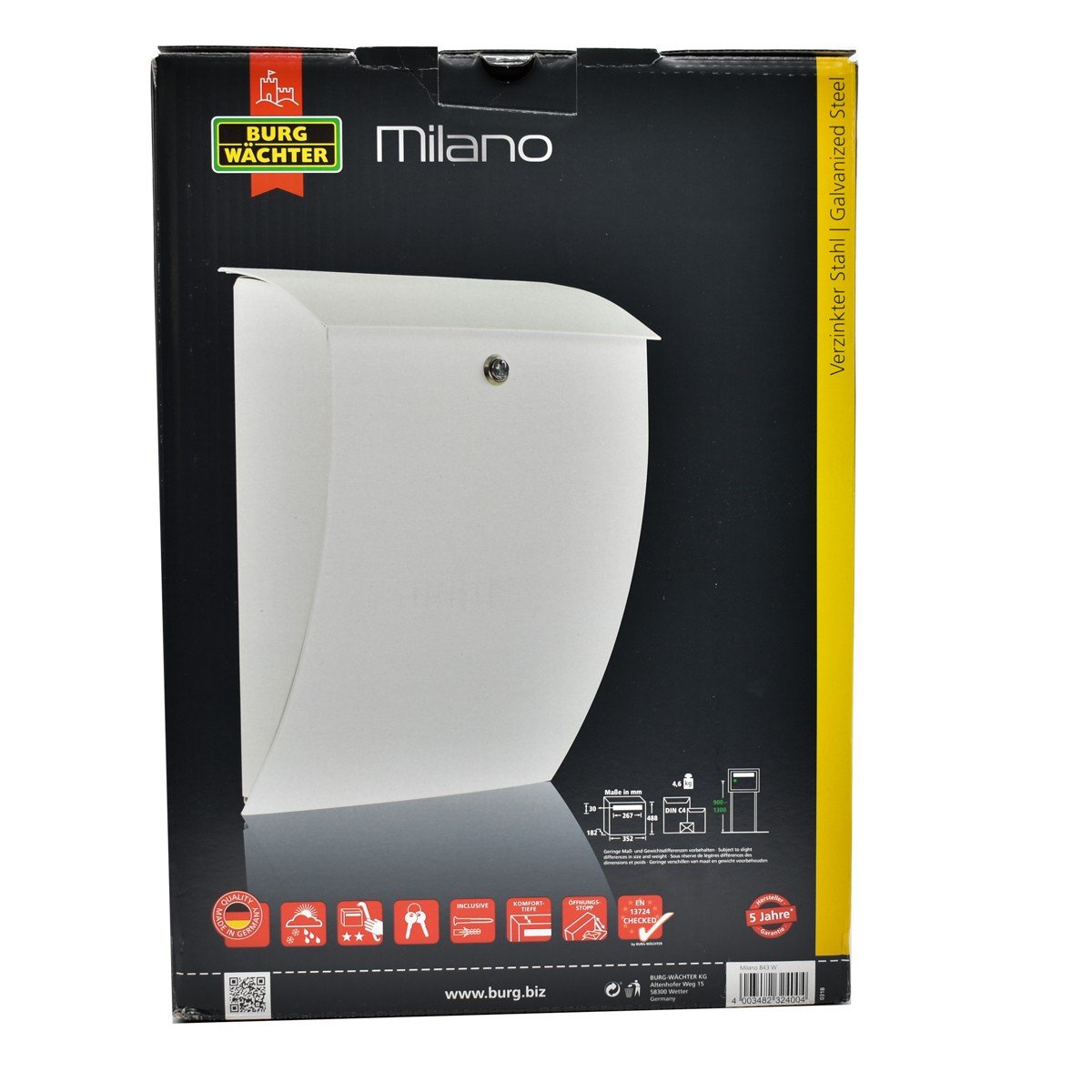 Cutie postala Premium BURG-WACHTER model Milano 843 din otel galvanizat cu incuiere 2 chei culoare alb 488 x 352 x 182 mm