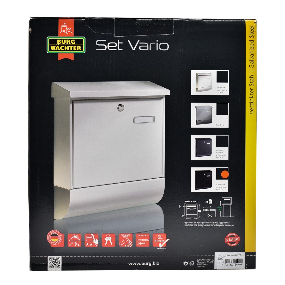 Cutie postala Premium BURG-WACHTER model Vario-Set 86720 din otel galvanizat cu incuiere 2 chei culoare negru 420 x 377 x 115 mm