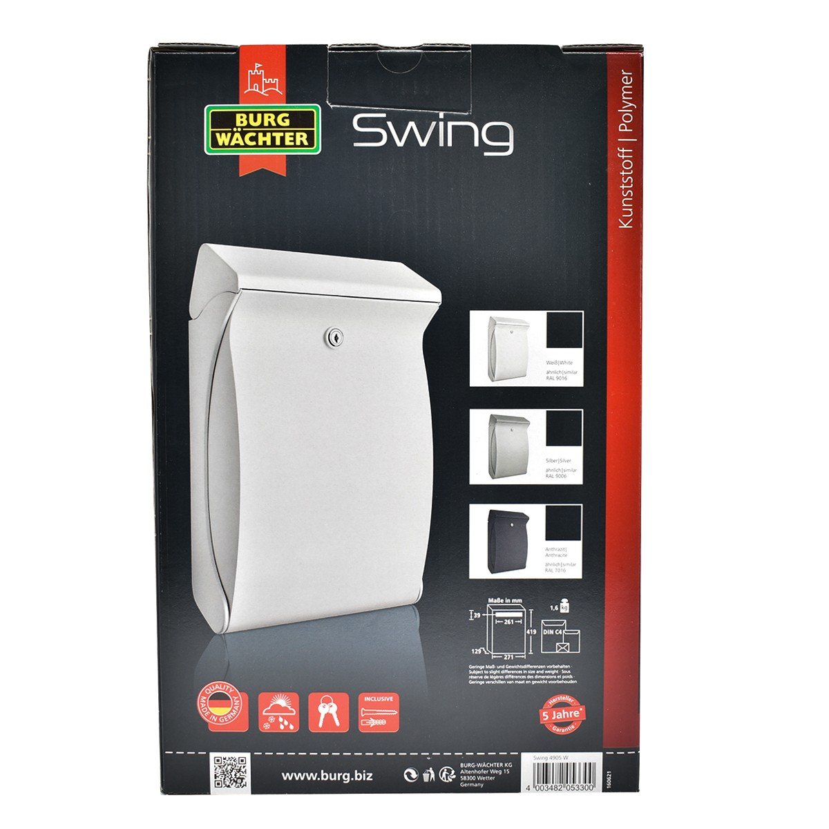 Cutie postala Premium BURG-WACHTER model Swing 4905 din plastic cu incuiere 2 chei culoare alb 419 x 271 x 129 mm