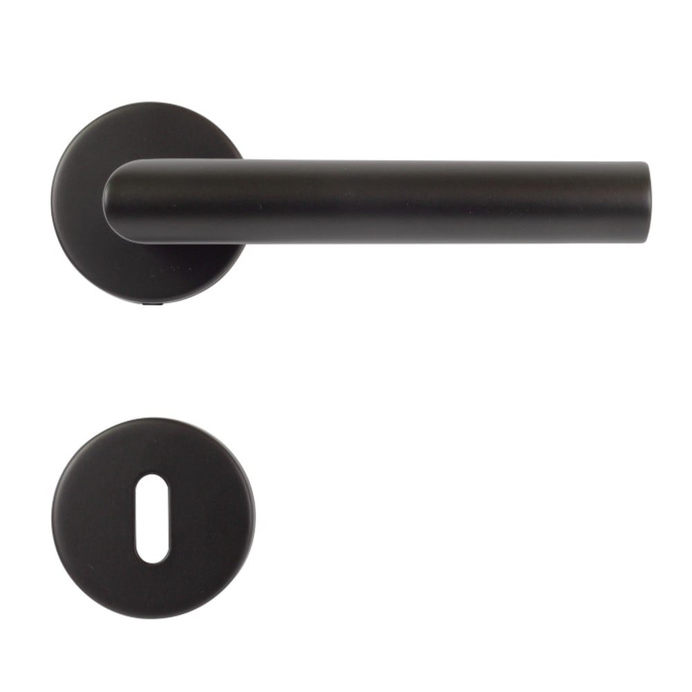 Maner usa de interior STROXX, cu rozeta pentru cheie, maner la 90 de grade, material inox, culoare negru mat