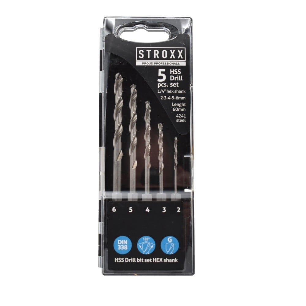 Set 5 burghie HSS STROXX gaurire in metal diametru 2, 3, 4, 5, 6 mm coada hexagonala 1/4" dispuse in cutie de plastic