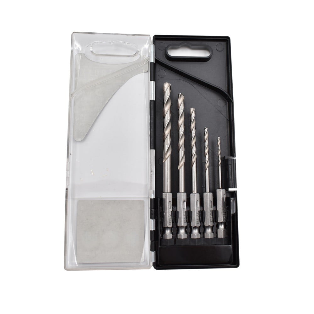 Set 5 burghie HSS STROXX gaurire in metal diametru 2, 3, 4, 5, 6 mm coada hexagonala 1/4" dispuse in cutie de plastic