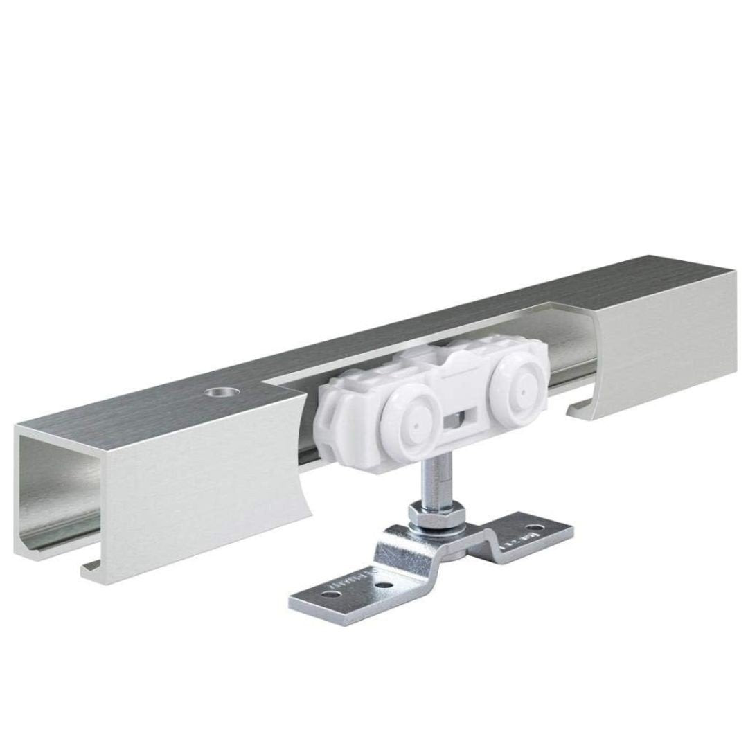 Set sina glisare GEZE Rollan 40 NT pentru usi din lemn, latime intre 500-590 mm, lungime sina 1150 mm, culoare argintiu