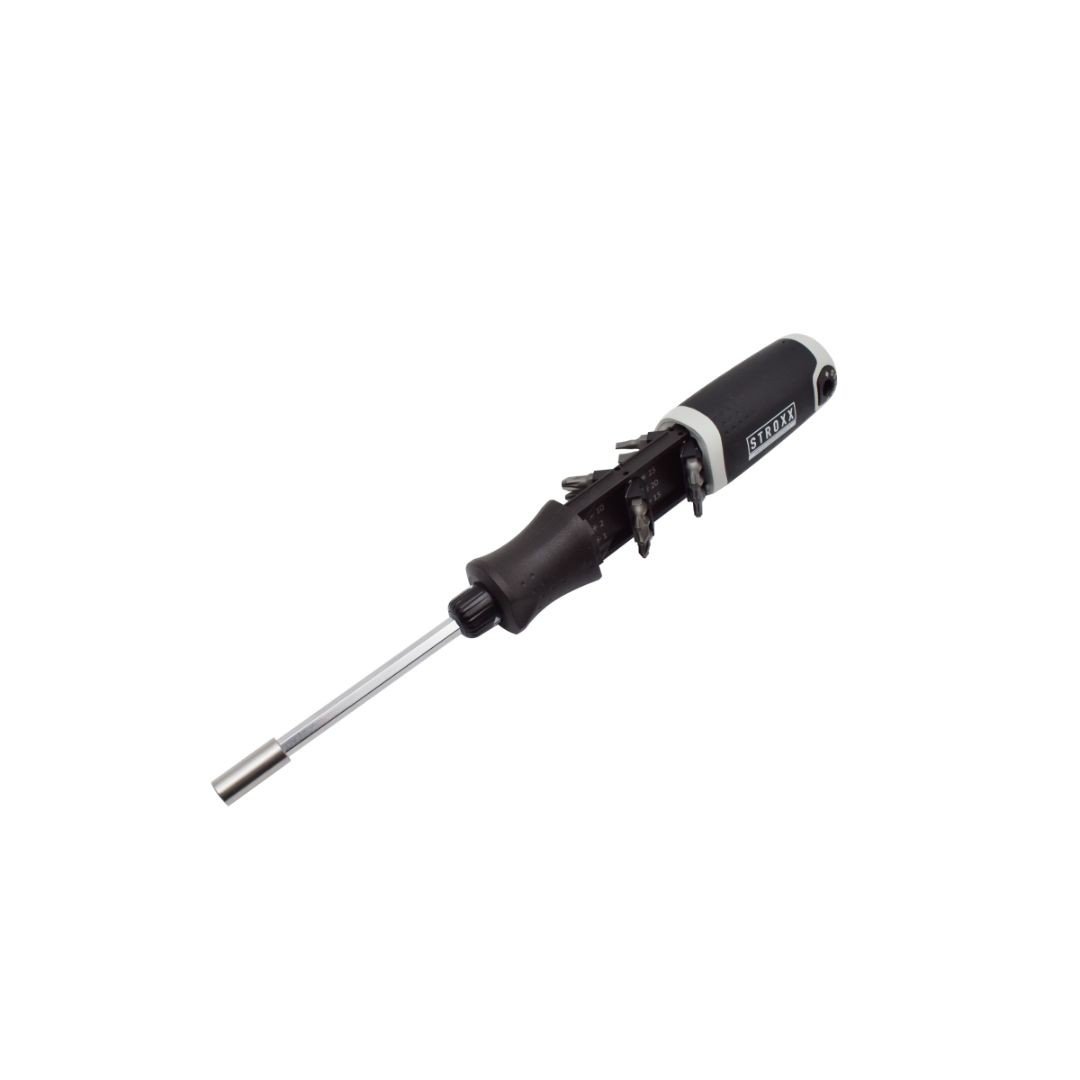 Surubelnita STROXX cu magazie pentru biti integrata in maner, lungime 24 cm, 12 biti inclusi, maner din plastic antiderapant