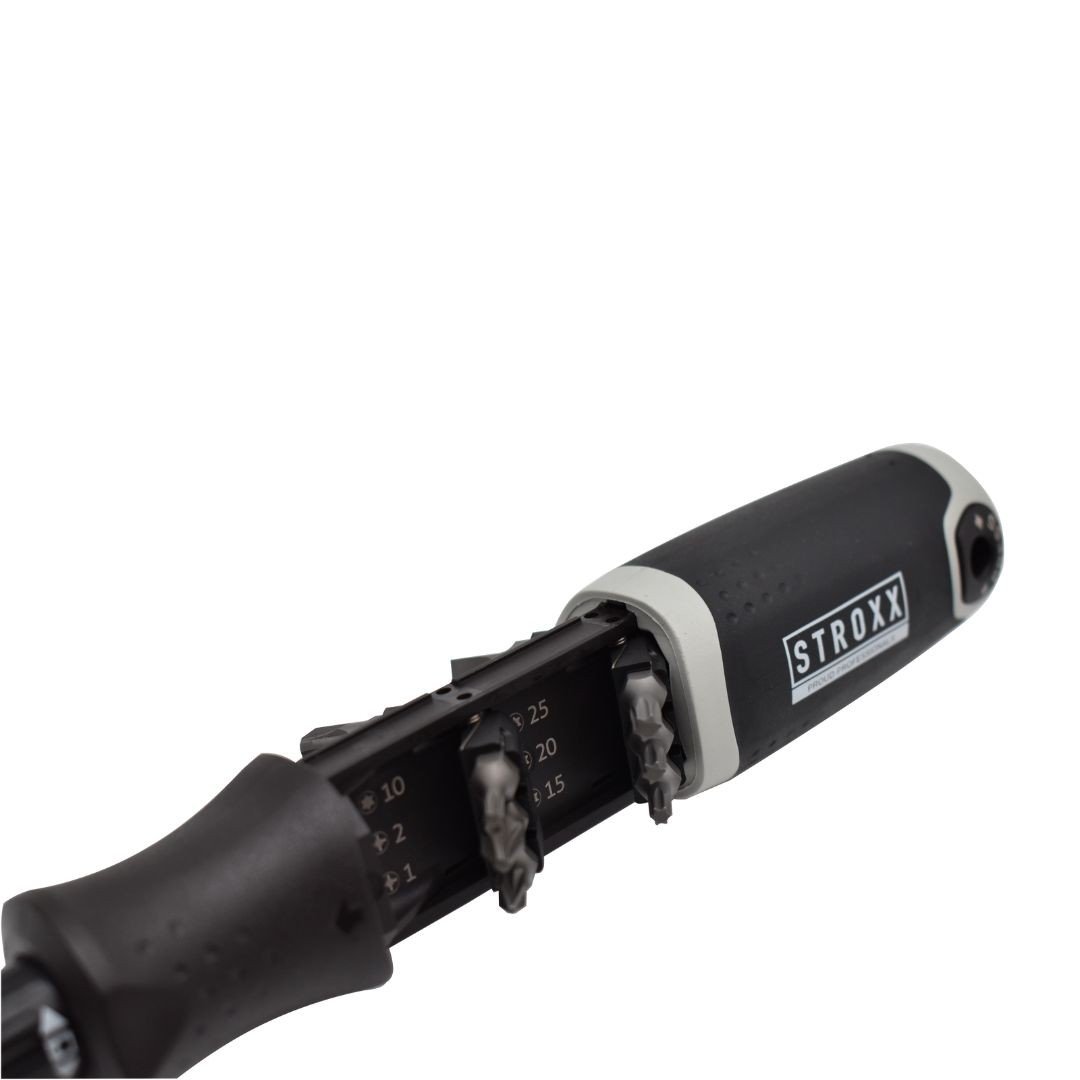 Surubelnita STROXX cu magazie pentru biti integrata in maner, lungime 24 cm, 12 biti inclusi, maner din plastic antiderapant