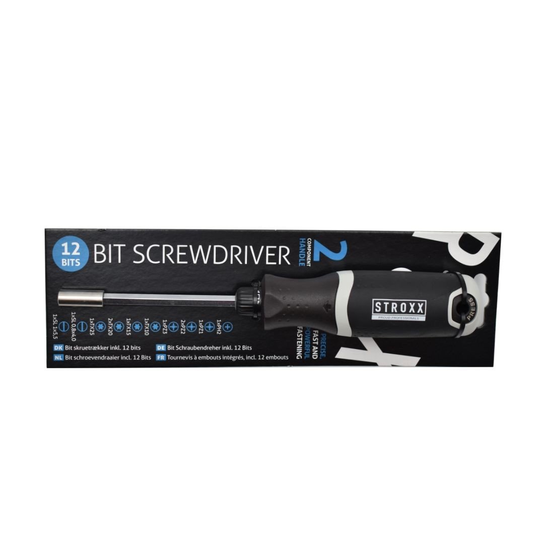 Surubelnita STROXX cu magazie pentru biti integrata in maner, lungime 24 cm, 12 biti inclusi, maner din plastic antiderapant