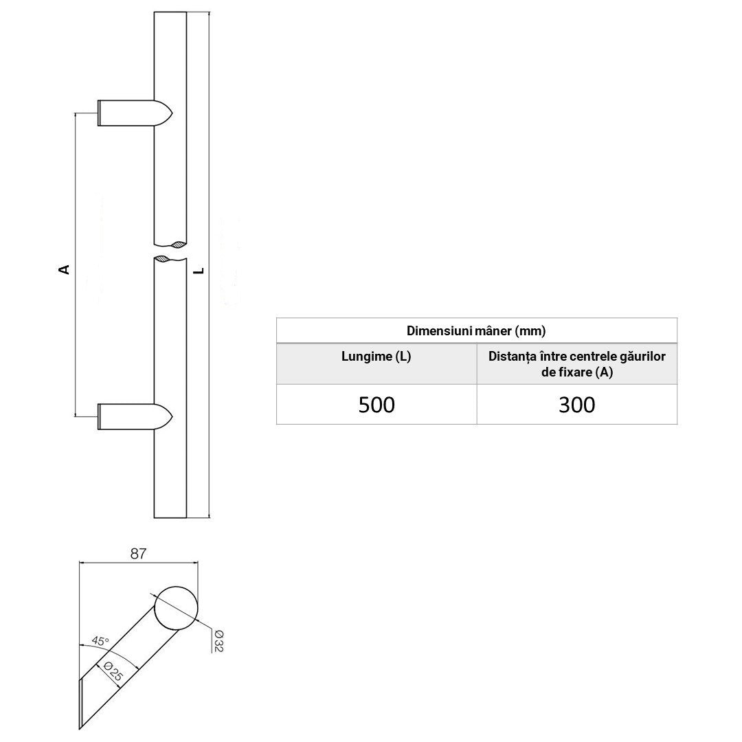 Maner spatial o singura parte blaugelb inox mat diametru 32 mm lungime 500 mm asezare la 45 de grade fara accesorii de prindere