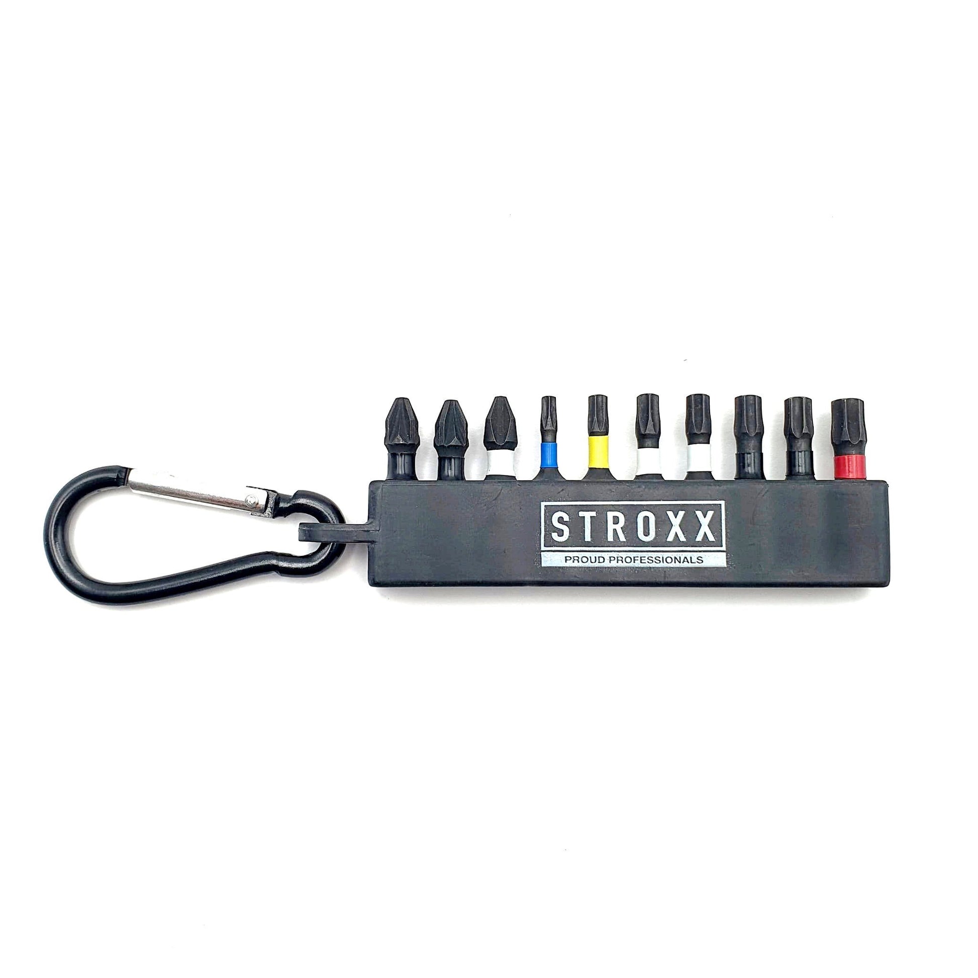 Set biti scurti STROXX lungime 25 mm, 10 piese in suport de plastic cu inel si carabiniera