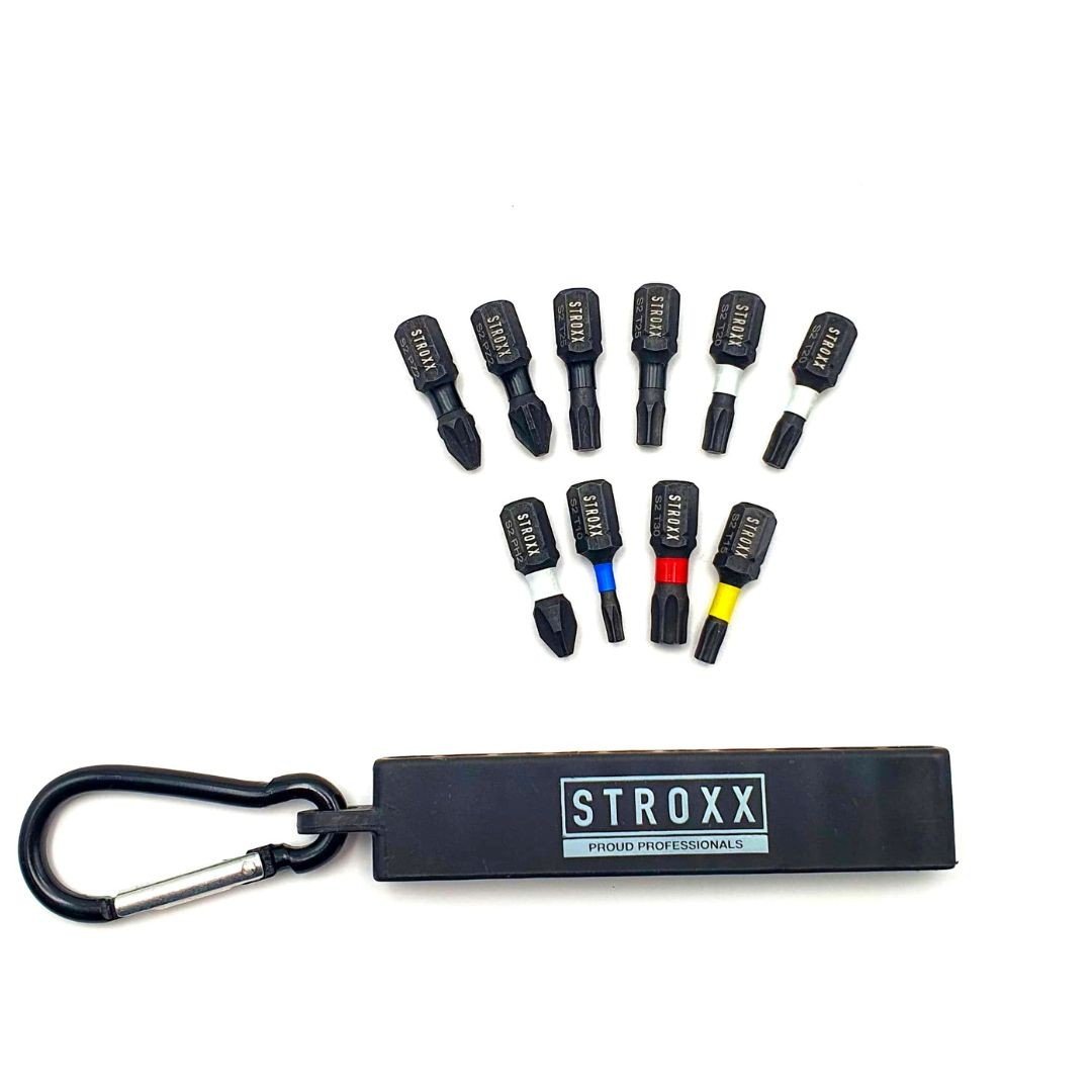 Set biti scurti STROXX lungime 25 mm, 10 piese in suport de plastic cu inel si carabiniera