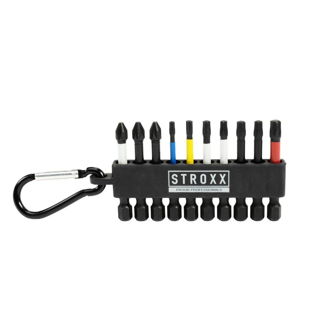 Set biti lungi STROXX lungime 50 mm, 10 piese in suport de plastic cu inel si carabiniera