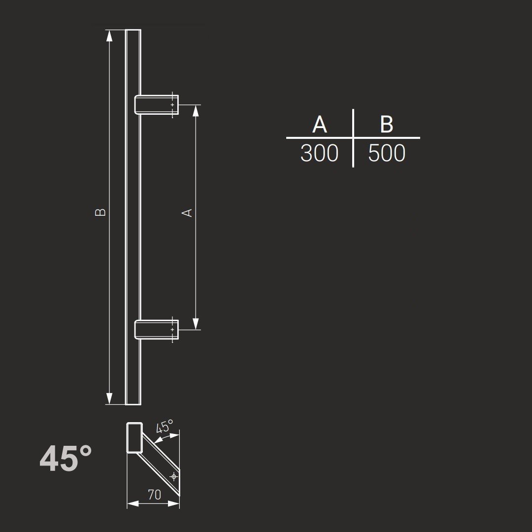 Maner spatial Medos, material inox mat rectangular, L 500 mm la 45 de grade, fara acc. de prindere, culoare negru mat RAL 9005