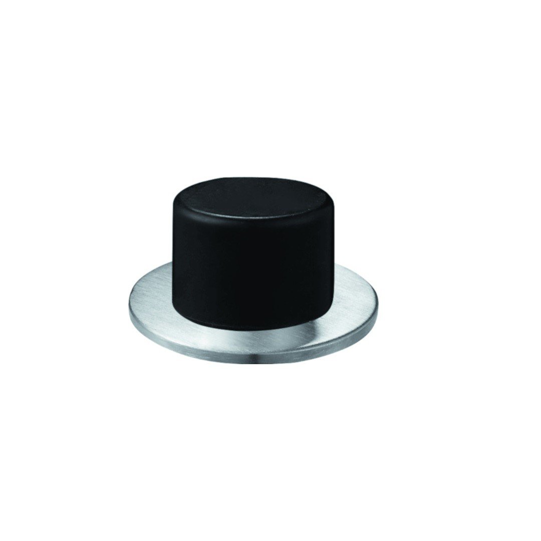 Opritor de usa cu talpa STROXX DS036 din inox mat cu tampon din cauciuc negru, lungime 26 mm, diametrul talpii 48 mm