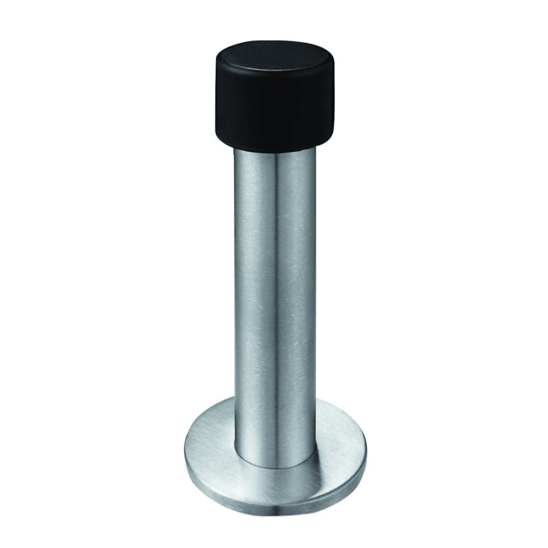 Opritor de usa cu talpa STROXX DS036 din inox mat cu tampon din cauciuc negru, lungime 90 mm, diametrul talpii 48 mm