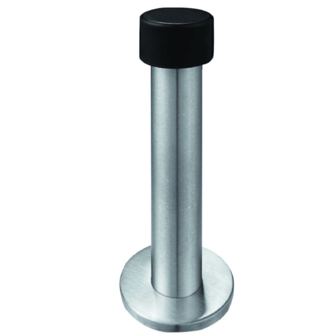 Opritor de usa cu talpa STROXX DS036 din inox mat cu tampon din cauciuc negru, lungime 120 mm, diametrul talpii 48 mm