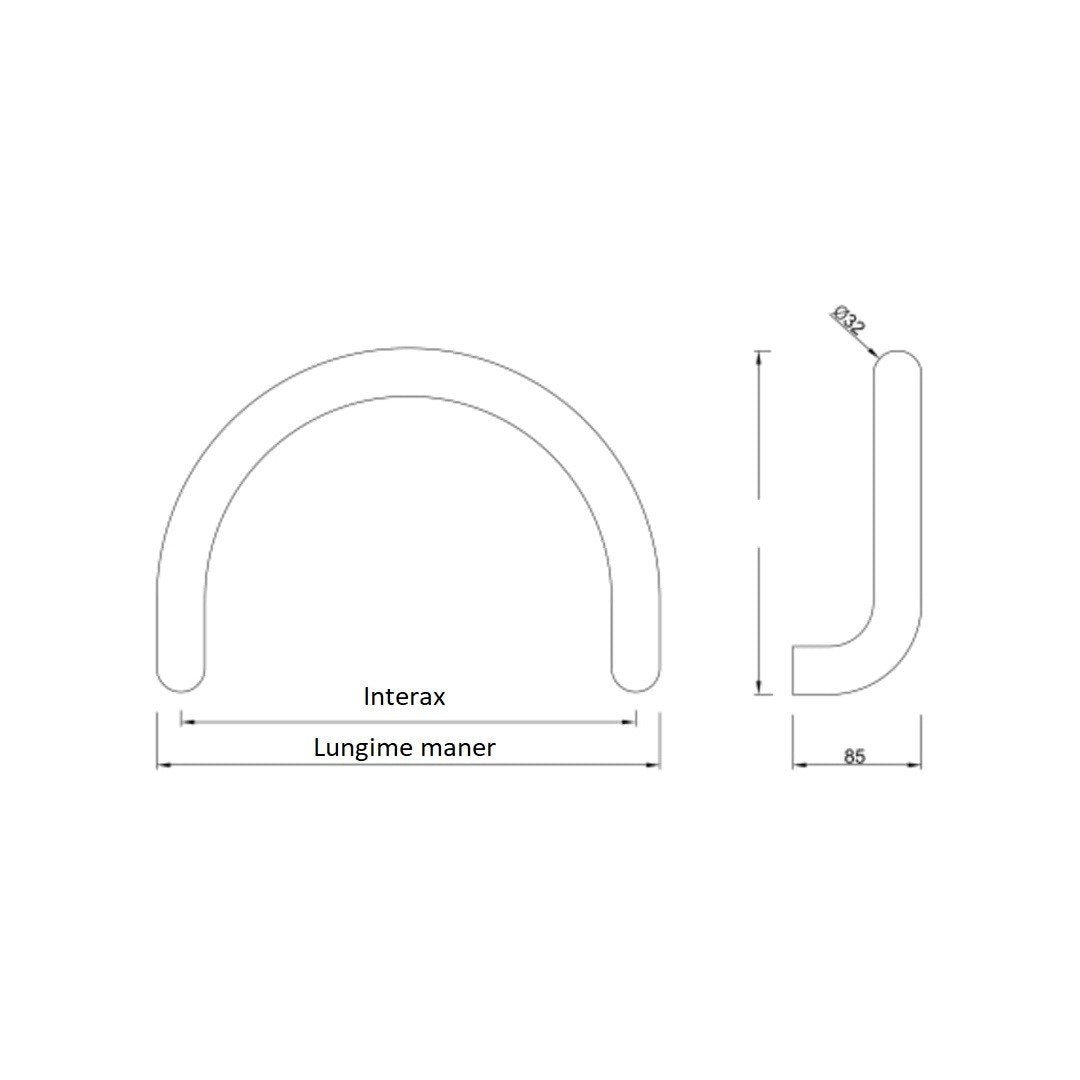 Maner spatial blaugelb forma semirotunda inox 1.4301, lungime 382 mm, diametru 32 mm, finisaj mat fara accesorii de prindere T02