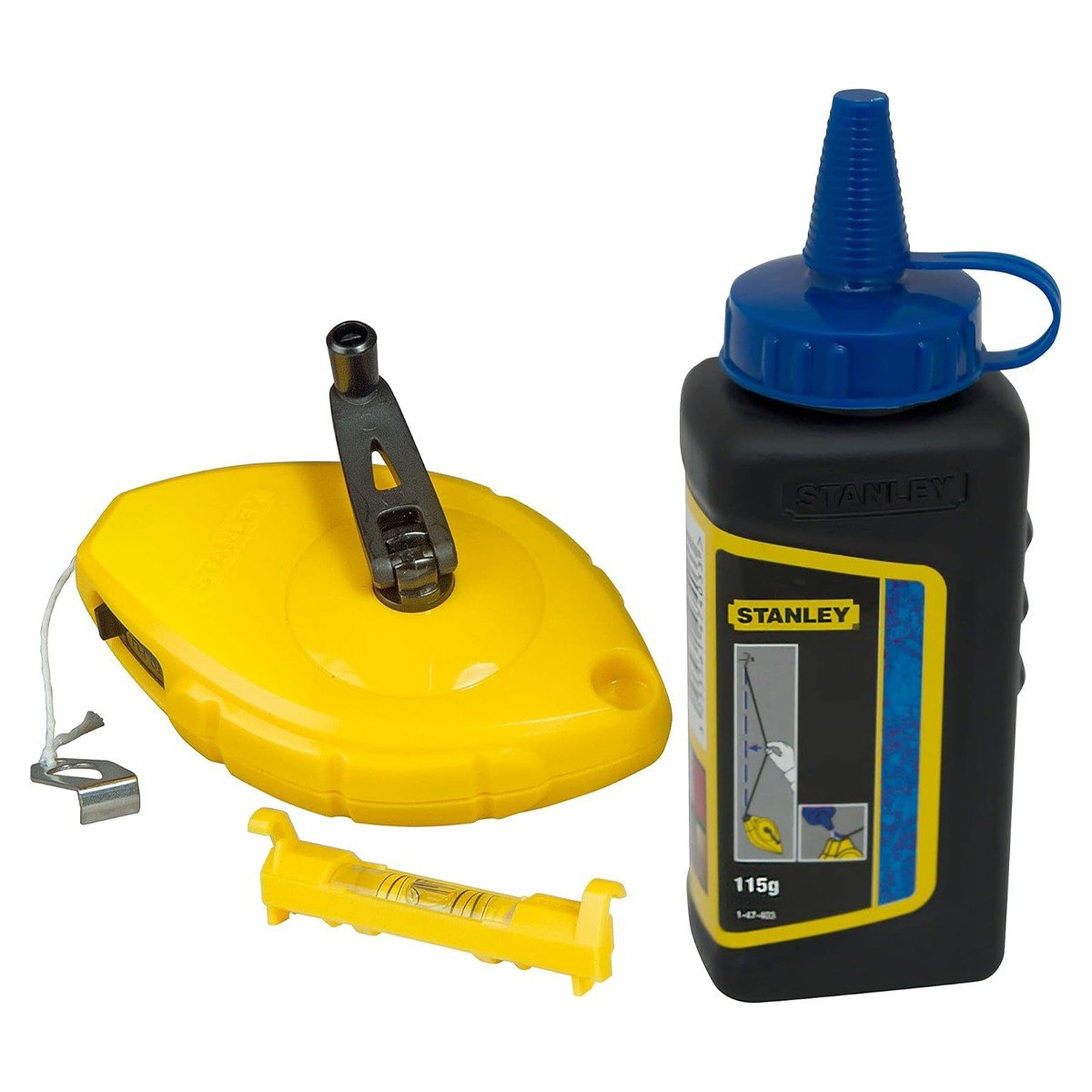 Set ata de trasat STANLEY 0-47-443, fir 30 m, praf de creta albastra 115 gr, nivela cu bula de aer atasabila la fir