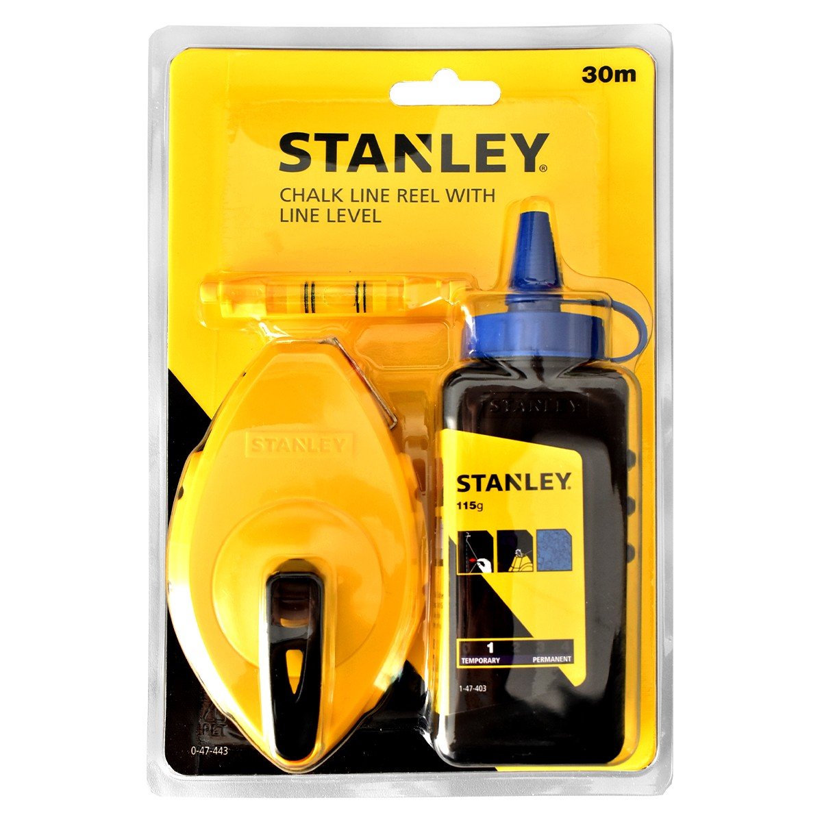 Set ata de trasat STANLEY 0-47-443, fir 30 m, praf de creta albastra 115 gr, nivela cu bula de aer atasabila la fir