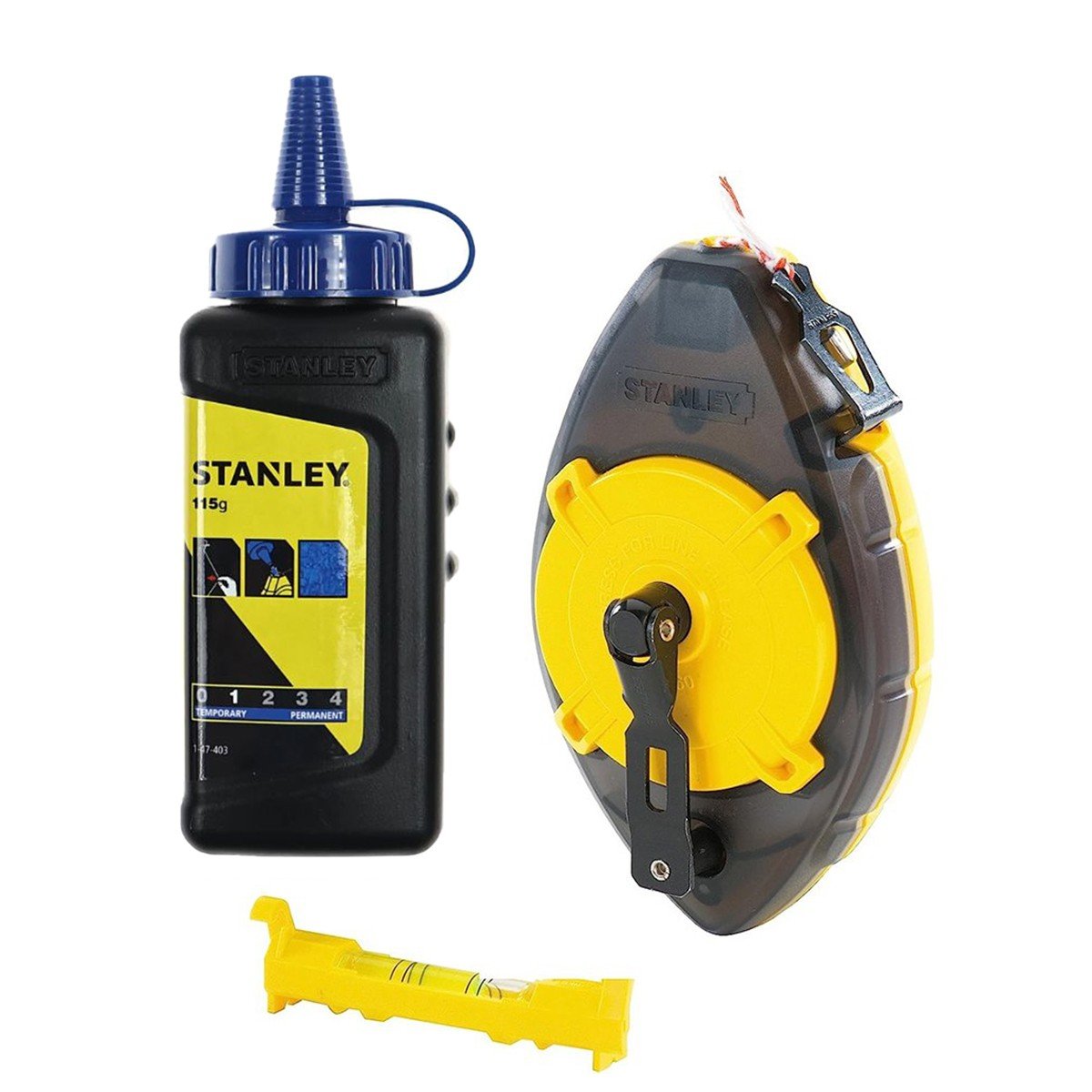 Set ata de trasat STANLEY POWERWINDER 0-47-465, fir 30 m, praf de creta albastra 115 gr, nivela cu bula de aer atasabila pe fir