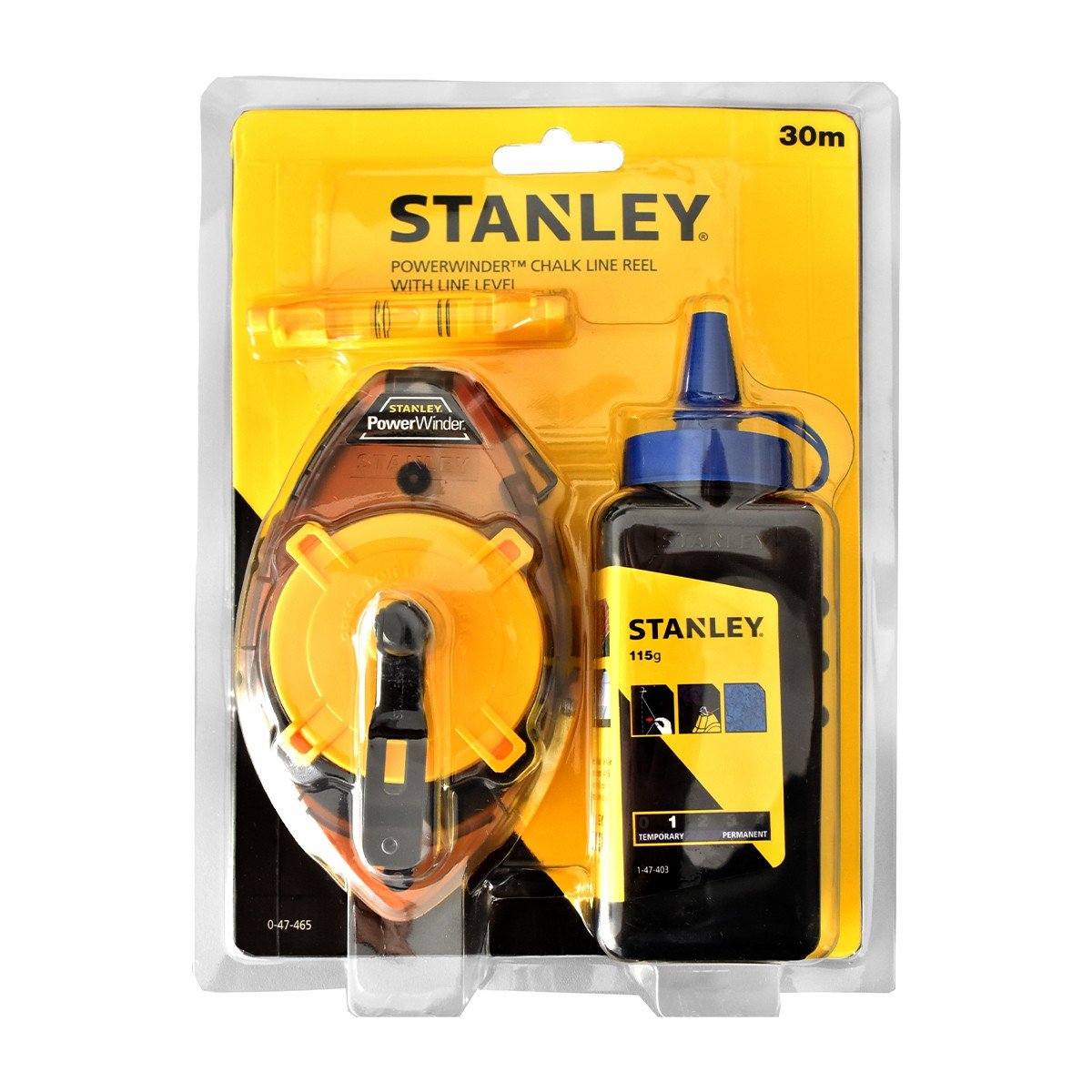 Set ata de trasat STANLEY POWERWINDER 0-47-465, fir 30 m, praf de creta albastra 115 gr, nivela cu bula de aer atasabila pe fir