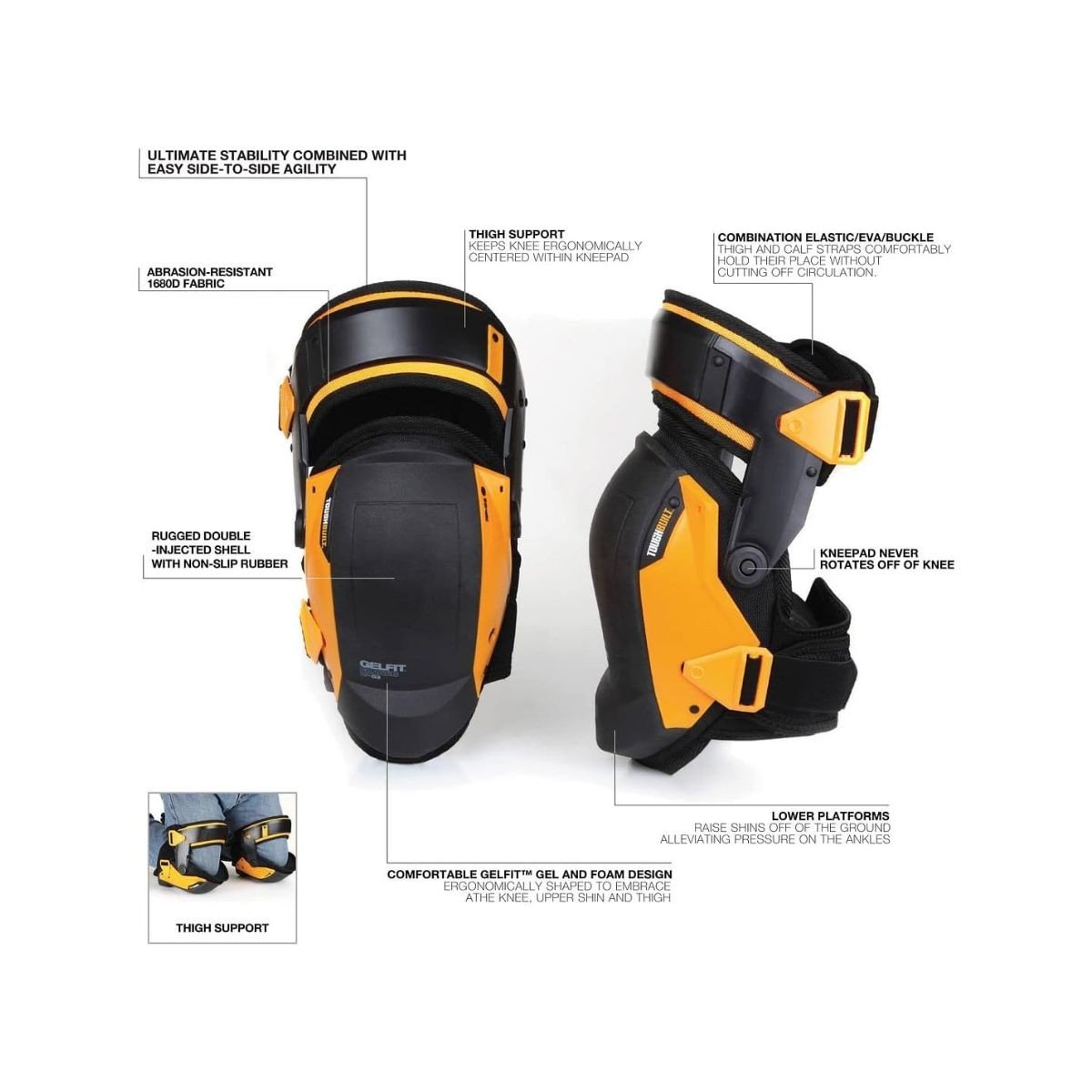 Set genunchiere 2 piese ToughBuilt GelFit Fanatic TB-KP-G3, stabilizator coapsa, reglabile, culoare negru