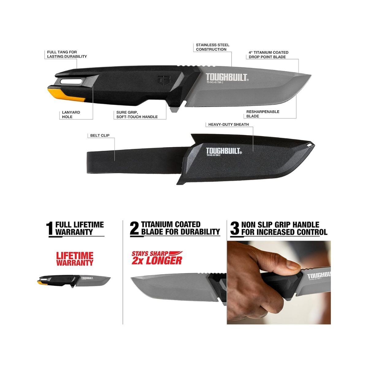 Cutit profesional ToughBuilt Tradesman TB-H4S-40-TMK-2, lama 10 cm din inox acoperita cu titan, teaca inclusa, culoare negru