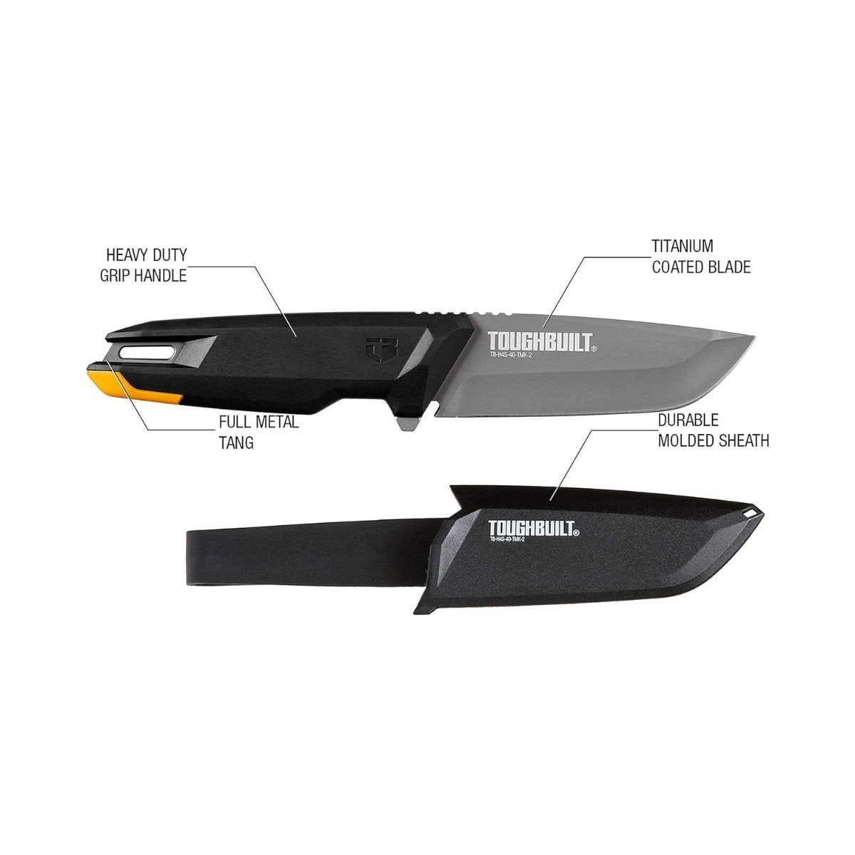 Cutit profesional ToughBuilt Tradesman TB-H4S-40-TMK-2, lama 10 cm din inox acoperita cu titan, teaca inclusa, culoare negru
