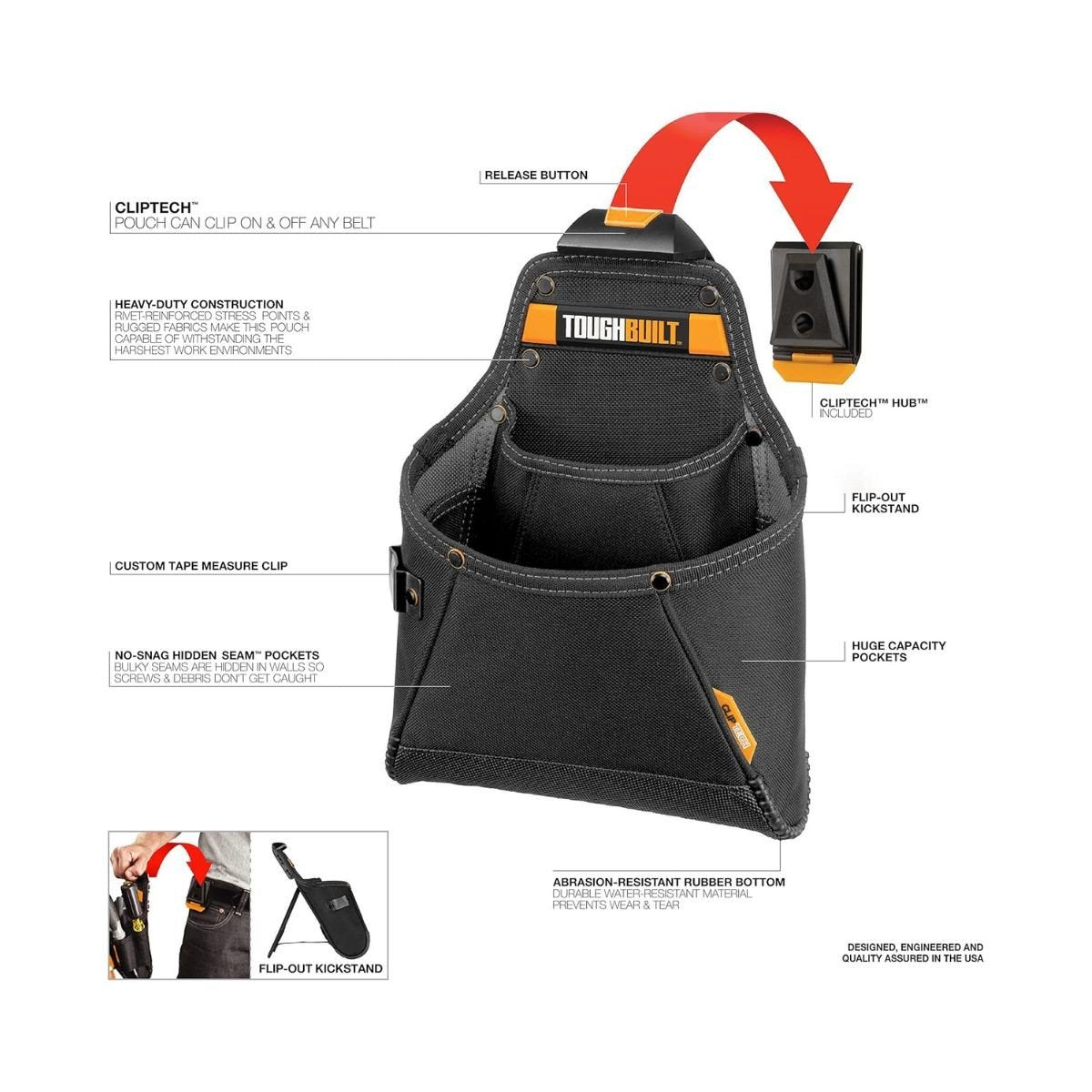Buzunar rigid pentru accesorii ToughBuilt Supply Pouch TB-CT-05, ClipTech, suport pentru asezare pe verticala, negru