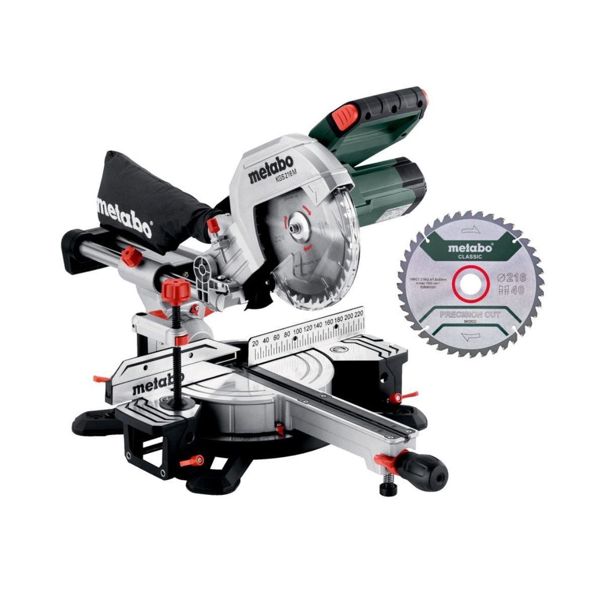 Fierastrau circular stationar cu sanie Metabo KGS 216 M Set, debitare inclinata, 5000 rot/min, 2 panze circular, 220 V