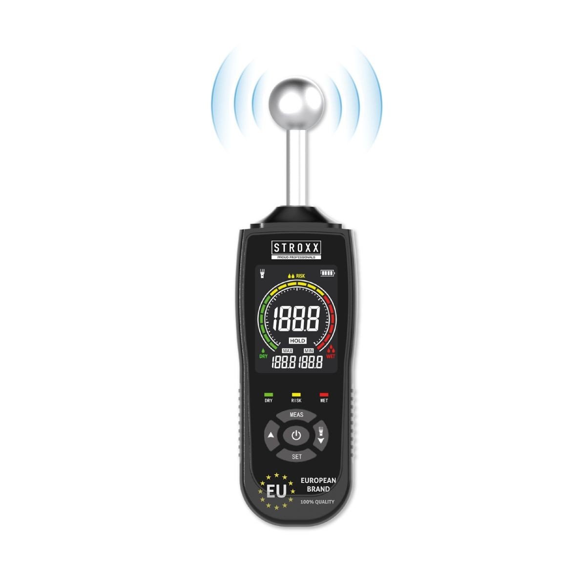 Umidometru electronic STROXX 102-503 fara pini, pentru detectia nivelului de umezeala din pereti, podele, tavane, afisaj color