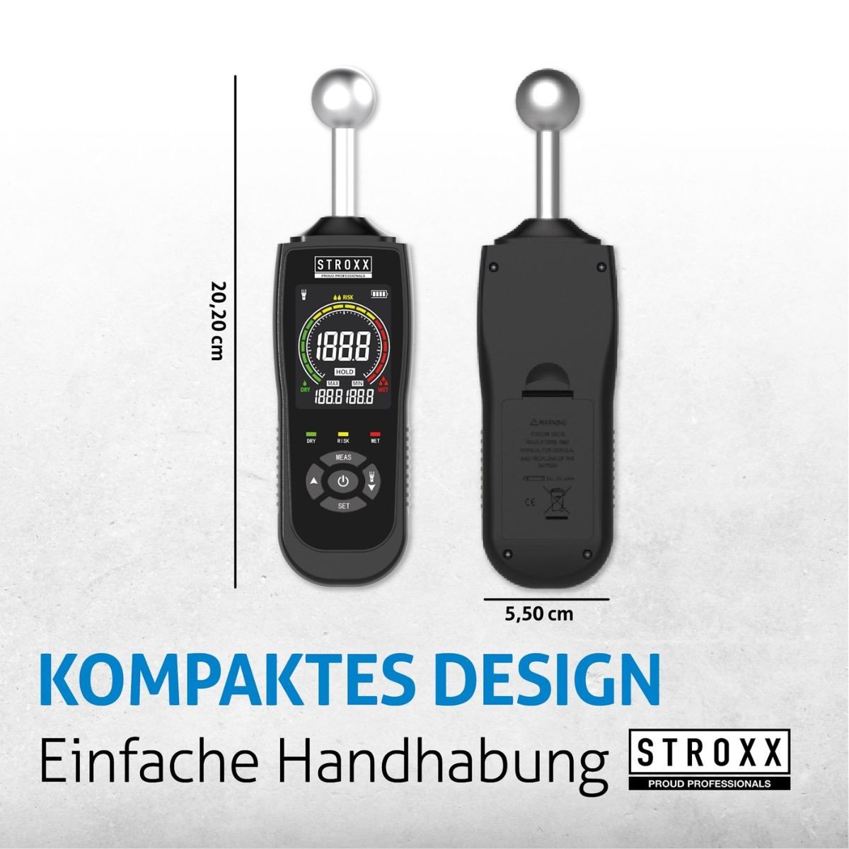 Umidometru electronic STROXX 102-503 fara pini, pentru detectia nivelului de umezeala din pereti, podele, tavane, afisaj color