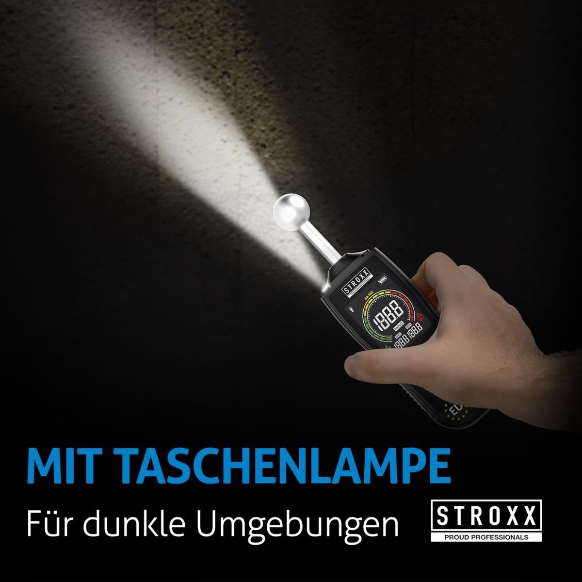 Umidometru electronic STROXX 102-503 fara pini, pentru detectia nivelului de umezeala din pereti, podele, tavane, afisaj color