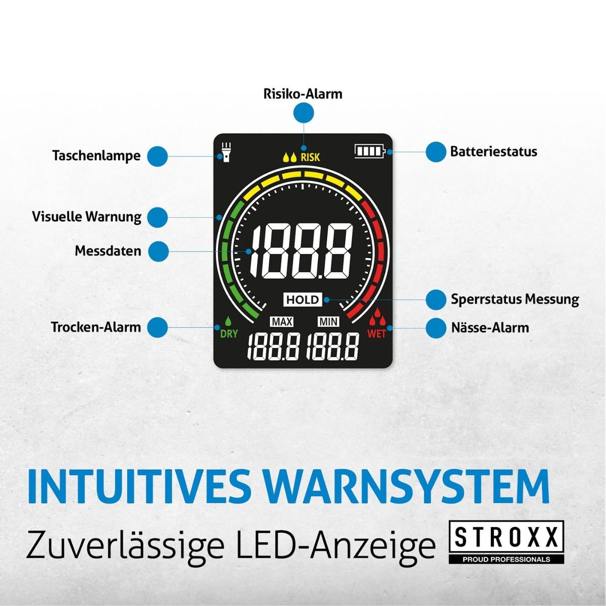 Umidometru electronic STROXX 102-503 fara pini, pentru detectia nivelului de umezeala din pereti, podele, tavane, afisaj color