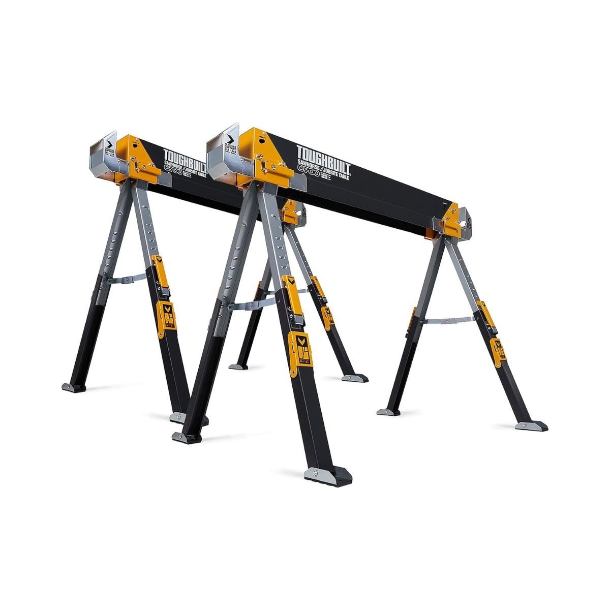 Set banc de lucru ToughBuilt TB-C-700-2, format din doua capre pliabile, reglabile pe inaltime, suporti de taiere integrati