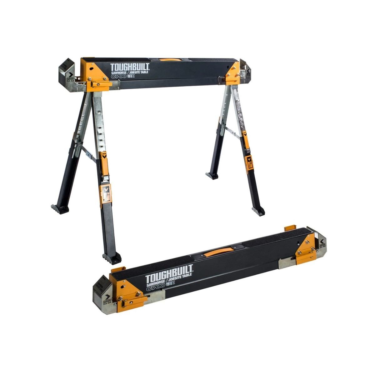 Set banc de lucru ToughBuilt TB-C-700-2, format din doua capre pliabile, reglabile pe inaltime, suporti de taiere integrati