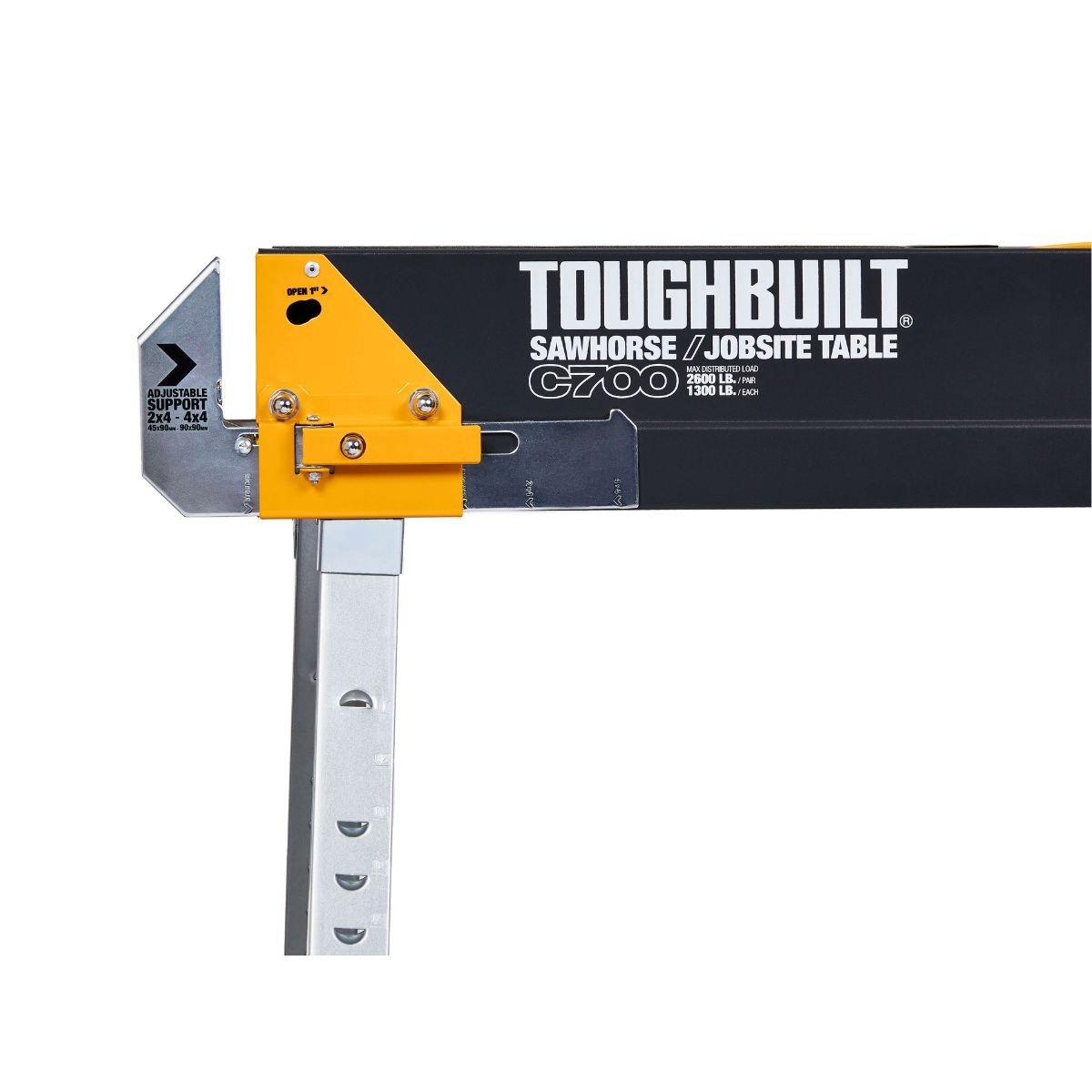 Set banc de lucru ToughBuilt TB-C-700-2, format din doua capre pliabile, reglabile pe inaltime, suporti de taiere integrati