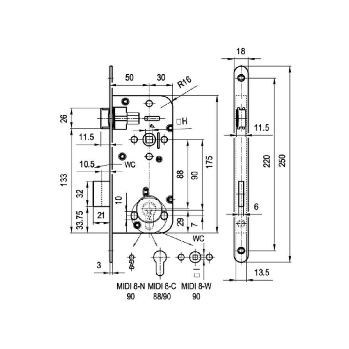 Broasca simpla pentru usi de interior din lemn, Elzett Midi 8, baie, dornmass 50mm, interax 90mm, placa 18mm, patrat 8mm